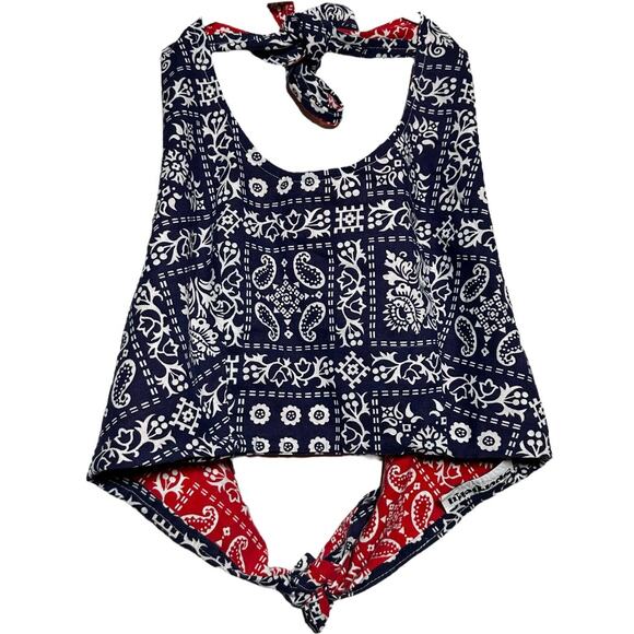 Sportivity Tops - VTG Sportivity Bandana Top Halter Neck Tie Reversible 80 Backless Paisley Navy L